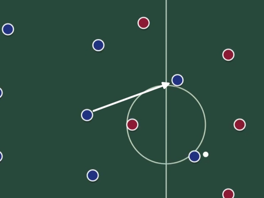A white arrow showing a pass between two players